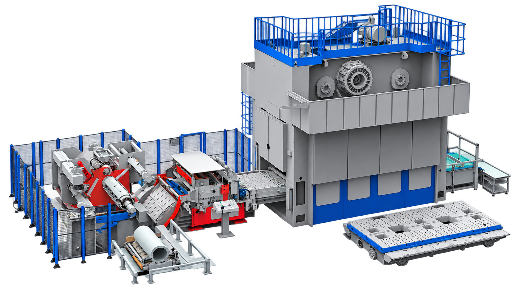Coil processing line with Rollcon blue and red machinery, including the uncoiler, feeder, press and conveyor